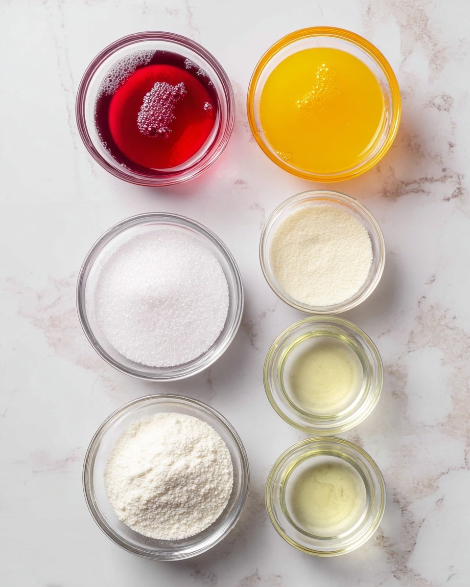 The image shows eight small clear glass bowls neatly placed on a white marbled surface. At the top, two round bowls hold brightly colored liquids: the left one is a deep red color with a shiny surface and small bubbles, while the right one is a bright yellow with a few bubbles on top. Below these, there are two larger bowls filled with white granulated sugar, both with a fine and smooth texture. Underneath these, two medium bowls contain white powders with slightly different textures; the left one looks like fine white powder, and the right one appears a bit rougher. At the bottom, two tiny bowls hold clear, light-yellow liquids with a smooth, shiny surface. All the bowls are clear glass, and the whole setup is clean and orderly. photo taken with an iphone --ar 4:5 --v 7