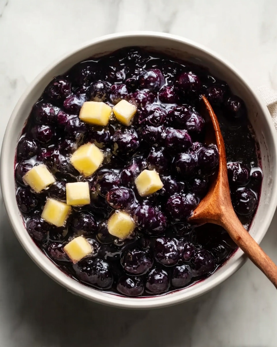 A white bowl filled with dark purple blueberries covered in a thick syrup. On top and among the blueberries, there are small chunks of pale yellow butter melting into the fruit. A wooden spoon is stirring the mixture from the right side of the bowl. The bowl sits on a white marbled surface. Photo taken with an iphone --ar 4:5 --v 7