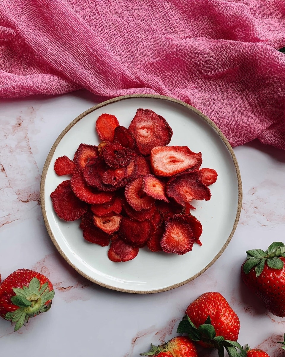 A small white plate holds one layer of thinly sliced dried strawberries, showing a deep red color with slightly darker edges and visible seeds inside the slices. The dried strawberries are scattered loosely in the center of the plate. Around the plate, there are fresh whole strawberries with green leaves and a bright pink cloth on a white marbled surface. Photo taken with an iphone --ar 4:5 --v 7