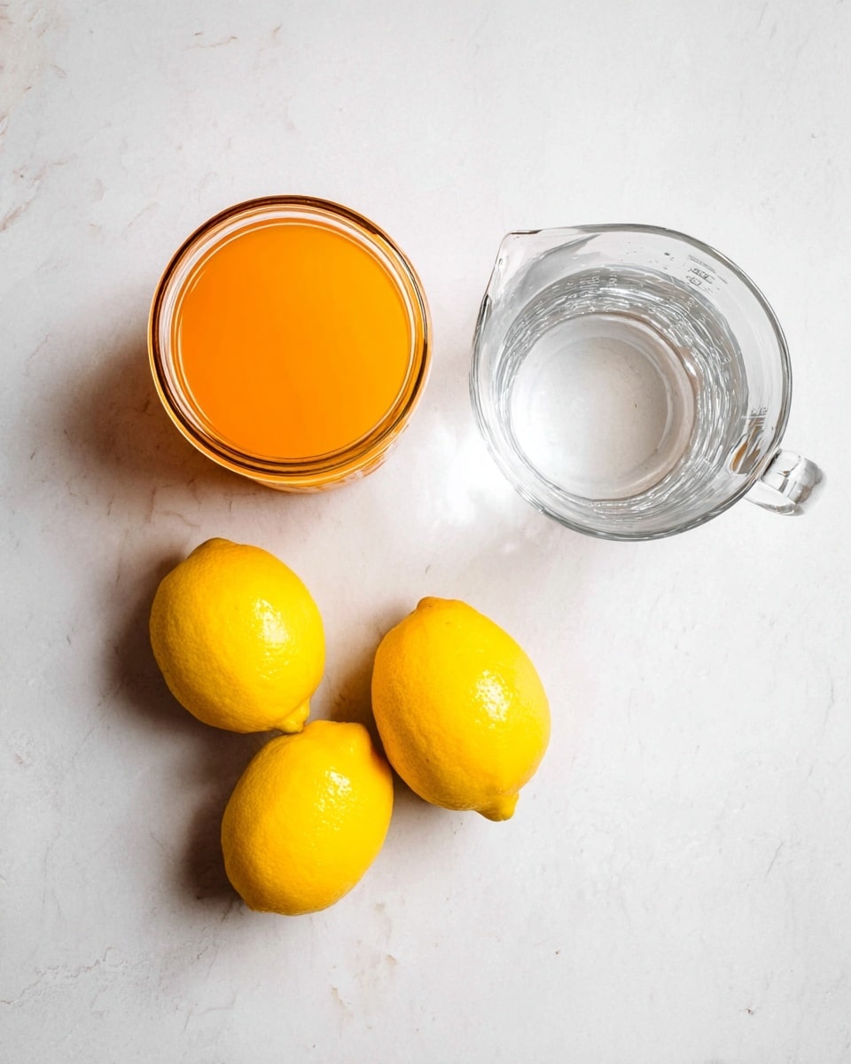The image shows a white marbled surface with four bright yellow lemons arranged loosely near the bottom left, a clear glass measuring cup filled with water positioned on the right, and a round glass jar filled with a vibrant orange liquid placed near the top left. Photo taken with an iphone --ar 4:5 --v 7