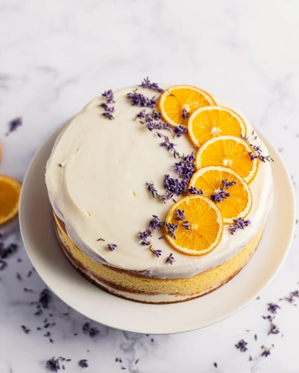 A round cake with two visible layers sitting on a white plate, each layer being a light golden yellow color. The top is fully covered with smooth white frosting. On one side of the cake top, there are five round, thin slices of orange arranged overlapping each other. Around and on top of the oranges are small purple lavender flowers scattered lightly, with some lavender flowers placed around the sides of the cake too. The cake is set on a white marbled surface. Photo taken with an iphone --ar 4:5 --v 7