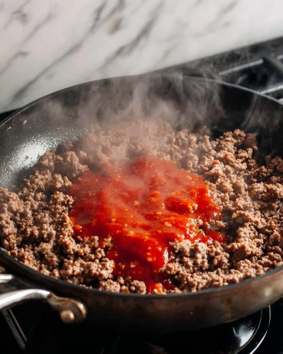 The image shows a close-up of a black frying pan on a stove with cooked ground meat covering most of the pan. In the middle, there is a layer of bright red sauce being poured over the meat, creating a contrast between the brown meat and the vivid sauce. Steam rises from the pan, showing the food is hot. The metal handle of the pan is visible on the left side, and the background is a white marbled texture. photo taken with an iphone --ar 4:5 --v 7