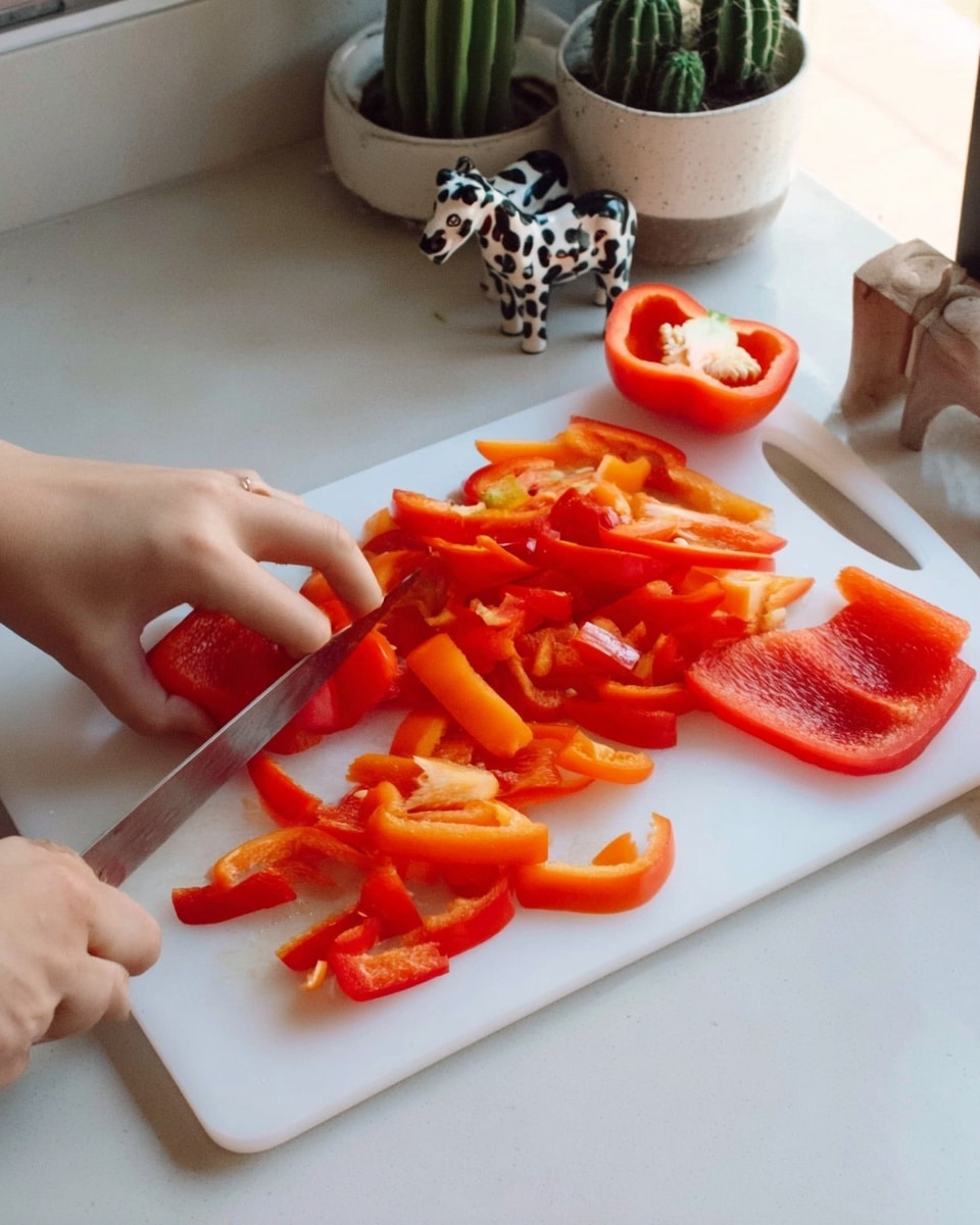 The image shows a close-up of a white cutting board on a white marbled surface. On the board, there are many bright red and orange bell pepper slices of different sizes and shapes, some cut into strips and some in halves with seeds inside. A woman's hand is holding one piece steady while another woman's hand is holding a knife, about to slice more peppers. In the background, there are decorative green cactus plants and small black and white cow figurines, sitting on the white marbled surface. The photo has natural lighting and looks clean and fresh. photo taken with an iphone --ar 4:5 --v 7
