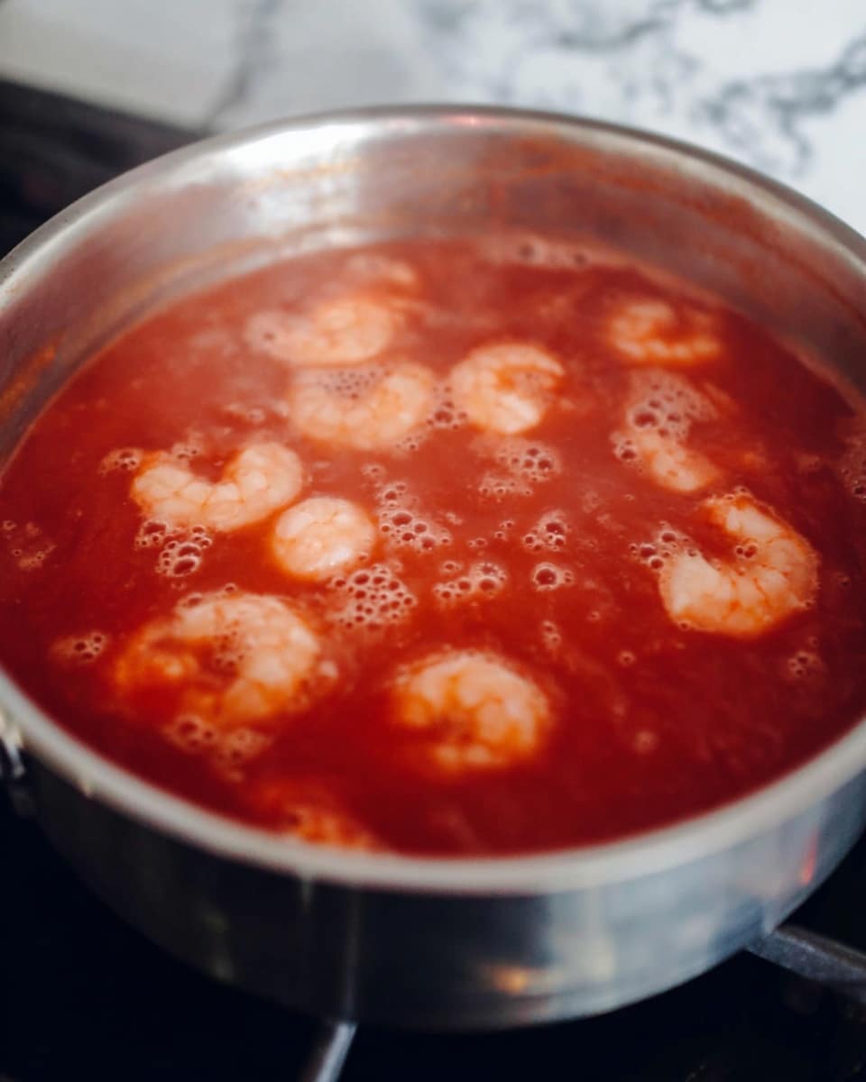 This image shows a close-up of a pot filled with a deep red tomato-based sauce bubbling gently, with several pale pink shrimp scattered throughout. The sauce looks thick and smooth with some small bubbles rising on the surface, and the shrimp appear soft and plump, slightly curled with visible body segments. The pot is silver and placed on a black stove, and the background is a white marbled texture. photo taken with an iphone --ar 4:5 --v 7