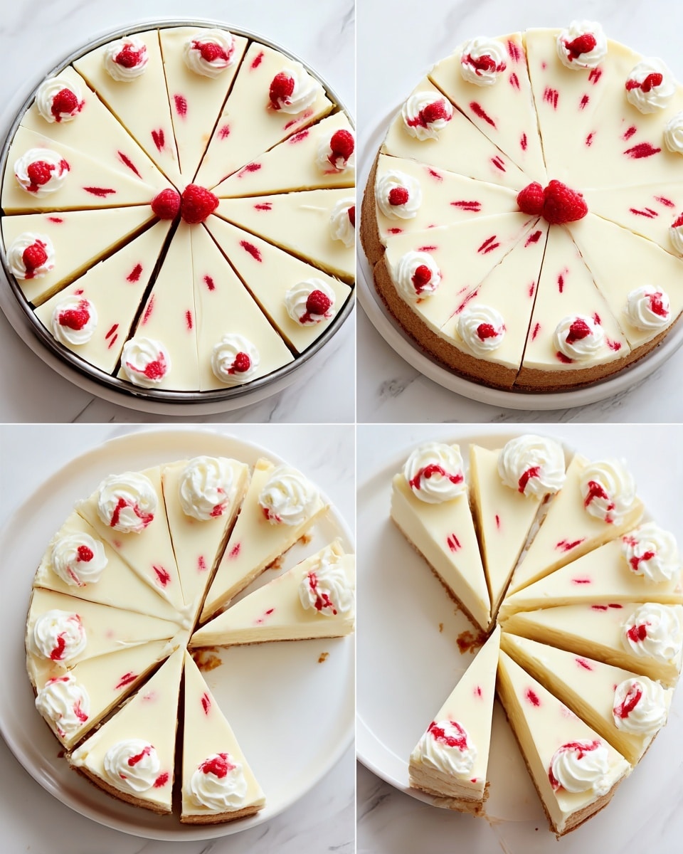The images show a round cheesecake with three layers: a light brown crust at the base, a thick creamy white middle layer, and a smooth white top layer decorated with small red swirls in a spiral pattern. The cake is first shown whole in a round metal pan, then on a white plate and cut into twelve equal slices. Each slice is topped with a white swirl of whipped cream, and in the last image, half of the slices have a red raspberry placed on top of the cream. The background is a white marbled texture. photo taken with an iphone --ar 4:5 --v 7