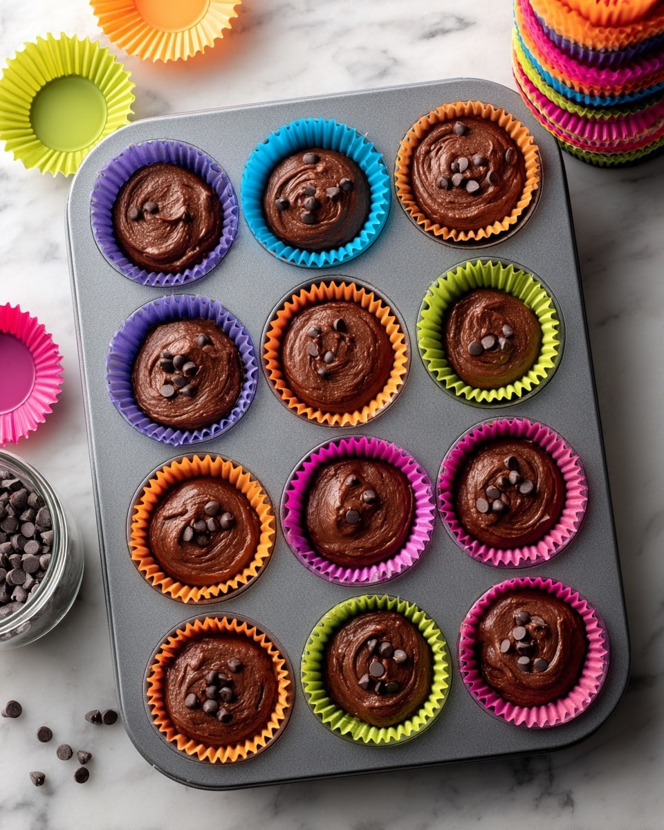 A gray muffin tray holds six colorful cupcake liners filled with rich dark brown chocolate batter. Each liner is a different bright color—blue, orange, purple, green, yellow, and pink—lining the cups inside the tray. The chocolate batter is smooth and thick, slightly mounded above the liners’ edges, with scattered dark chocolate chips on top of each cupcake batter, adding texture and contrast. The tray sits on a white marbled surface, with a colorful stack of empty cupcake liners and a jar of chocolate chips partly visible in the background. photo taken with an iphone --ar 4:5 --v 7