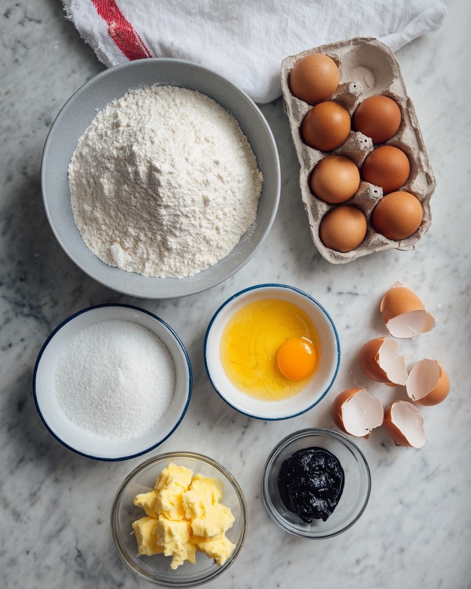 The image shows a white marbled surface with seven kitchen items arranged neatly. At the top left is a grey bowl filled with a large mound of white flour. To its right is a white bowl with a blue rim filled with white sugar. Below the flour bowl, there is a white bowl with a blue rim holding a few clumps of yellow butter. Near the bottom right, two small clear glass bowls hold raw eggs, one whole egg yolk separated and the other with the yolk and white mixed. Next to them is a small glass bowl filled with a thick black paste. At the top right corner, a carton contains six brown eggs, and nearby are scattered cracked eggshells. A white cloth with a red stripe is in the upper background. Photo taken with an iphone --ar 4:5 --v 7