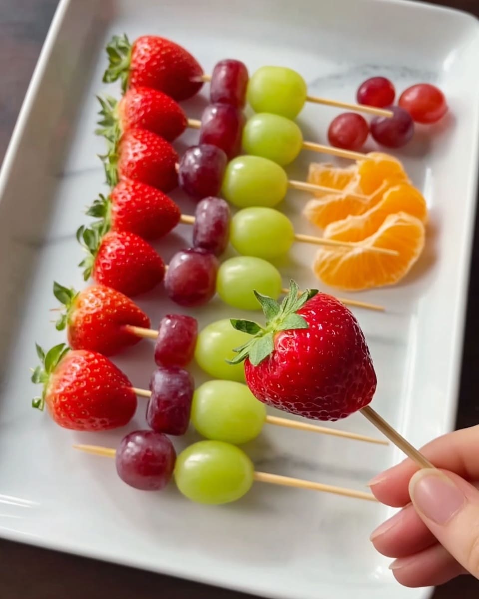 The image shows a white rectangular plate on a white marbled surface, holding several wooden skewers with colorful fruits. Each skewer has different layers, starting with a large red strawberry with green leaves at the front, followed by smaller purple grapes, bright red grape tomatoes, and green grapes arranged in neat rows behind it. A peeled orange slice and some loose green grapes and red grapes also sit on the plate near the back. A woman's hand is holding the skewer with the two large strawberries closest to the camera. The whole scene is bright and fresh. photo taken with an iphone --ar 4:5 --v 7