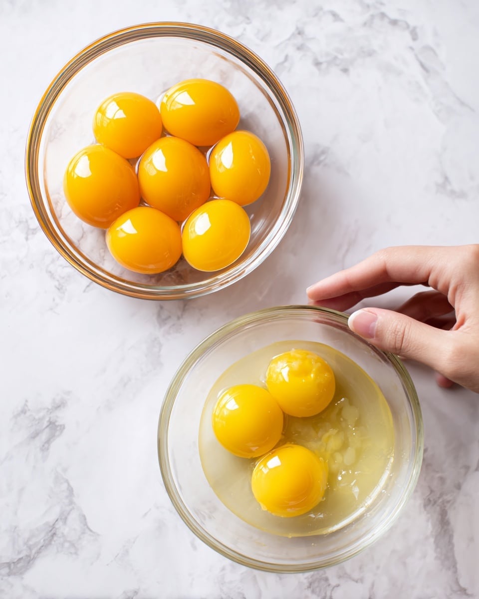 A small clear glass bowl on a white marbled surface holds six raw egg yolks, which are shiny and bright yellow-orange and sit closely together in the bowl. Next to it, another clear glass bowl contains the transparent egg whites with a slightly yellow tint, and a woman's hand is lightly touching the edge of this bowl from the right side. The background is the same white marbled surface. photo taken with an iphone --ar 4:5 --v 7