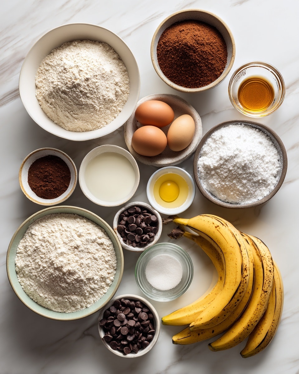 Top-down professional food photography, flat lay style, bright white marble countertop, neatly arranged, evenly spaced, tidy, clean organized layout, include: bowl of all-purpose flour, small bowl of cocoa powder, small bowl of baking soda, small bowl of salt, bowl of medium overripe bananas (mashed and whole), two eggs on a small plate, bowl of brown sugar, glass measuring cup of vegetable oil, small glass cup of vanilla flavoring, bowl of dark chocolate chips, bright soft natural lighting, sharp focus, high detail textures, realistic reflections, professional DSLR look, 4K, no finished dish, no cooked food, no hands, no text, no watermark, no brand logos --ar 4:5 --v 7