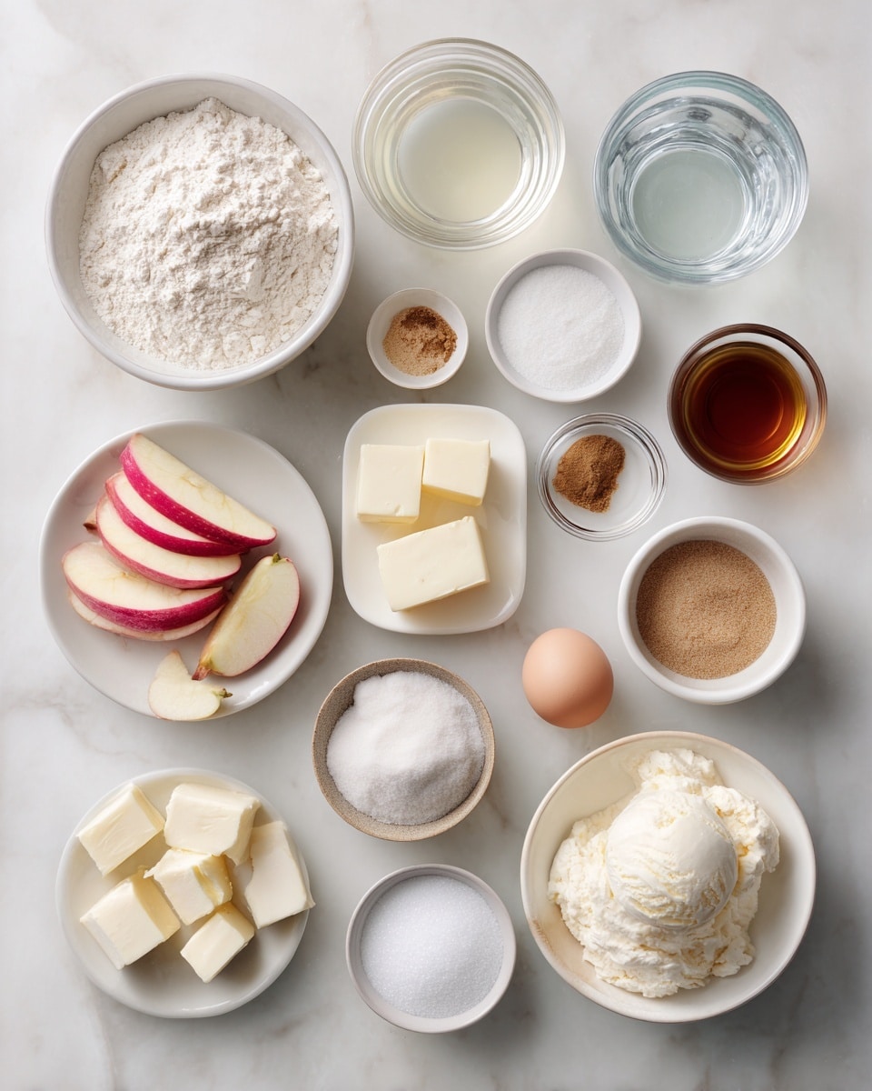 Top-down professional food photography flat lay style, bright white marble countertop, neatly arranged evenly spaced tidy clean organized layout, include: bowl of all-purpose flour, small bowl of granulated sugar, small bowl of salt, small plate of cold unsalted butter cubes, small glass cup of water, bowl of fresh apple slices (Pink Lady, Royal Gala or Fuji), small plate of unsalted butter, small bowl of brown sugar, small bowl of ground cinnamon, small bowl of cornstarch, small glass cup of water, small bowl of almond flour, small plate with egg and small glass cup of water for egg wash, small bowl of brown sugar, scoop of vanilla ice cream in a small bowl, bright soft natural lighting sharp focus high detail textures realistic reflections professional DSLR look 4K, no finished dish no cooked food no hands no text no watermark no brand logos --ar 4:5 --v 7