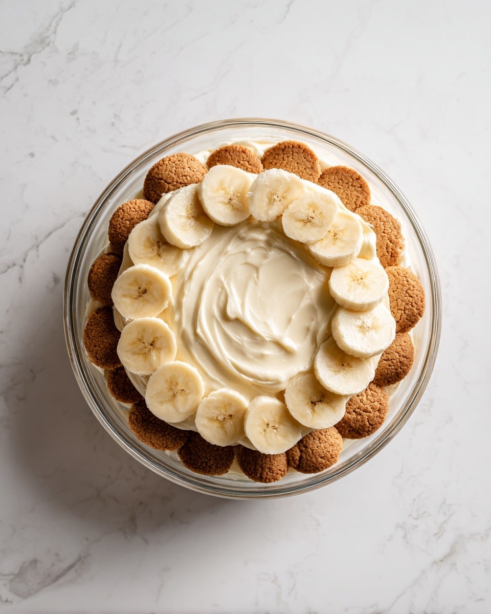 A clear glass bowl contains a layered dessert on a white marbled surface. The bottom layer consists of round, light brown cookies arranged in a circle around the edge of the bowl. On top of the cookies is a layer of banana slices, pale yellow in color, also arranged in a ring following the shape of the bowl. Covering the bananas is a thick, smooth layer of creamy, off-white pudding spread roughly in the center, with soft swirls visible on its surface. Photo taken with an iphone --ar 4:5 --v 7