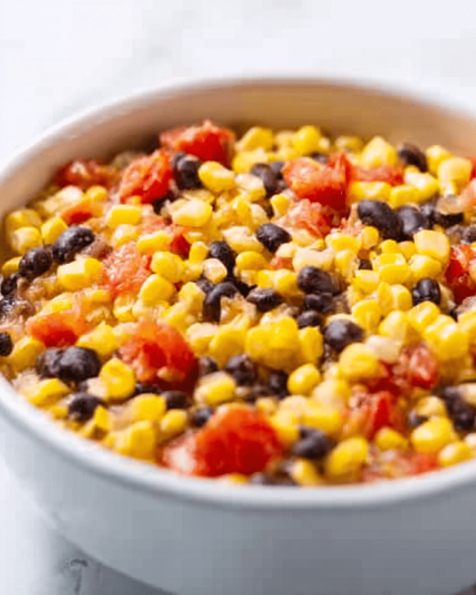A white bowl filled with a colorful mix of cooked corn kernels, black beans, and small red tomato pieces. The corn is bright yellow, the beans are deep black, and the tomatoes add a bright red splash. The textures look soft and slightly shiny from cooking, with the ingredients evenly mixed together. The bowl sits on a white marbled surface. Photo taken with an iphone --ar 4:5 --v 7