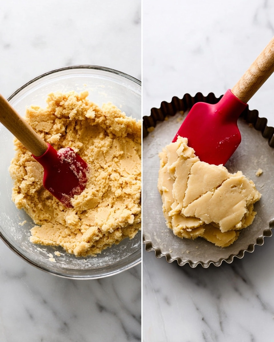 The image shows two side-by-side photos of dough preparation on a white marbled surface. On the left, a glass bowl holds a thick pale yellow dough with a grainy texture, being stirred by a red spatula with a wooden handle. On the right, flattened dough of the same pale yellow color and soft texture is spread unevenly inside a round metal tart pan with fluted edges, with the same red spatula resting on top. The dough in the pan covers the bottom and part of the sides but is not smoothed out fully. Photo taken with an iphone --ar 4:5 --v 7