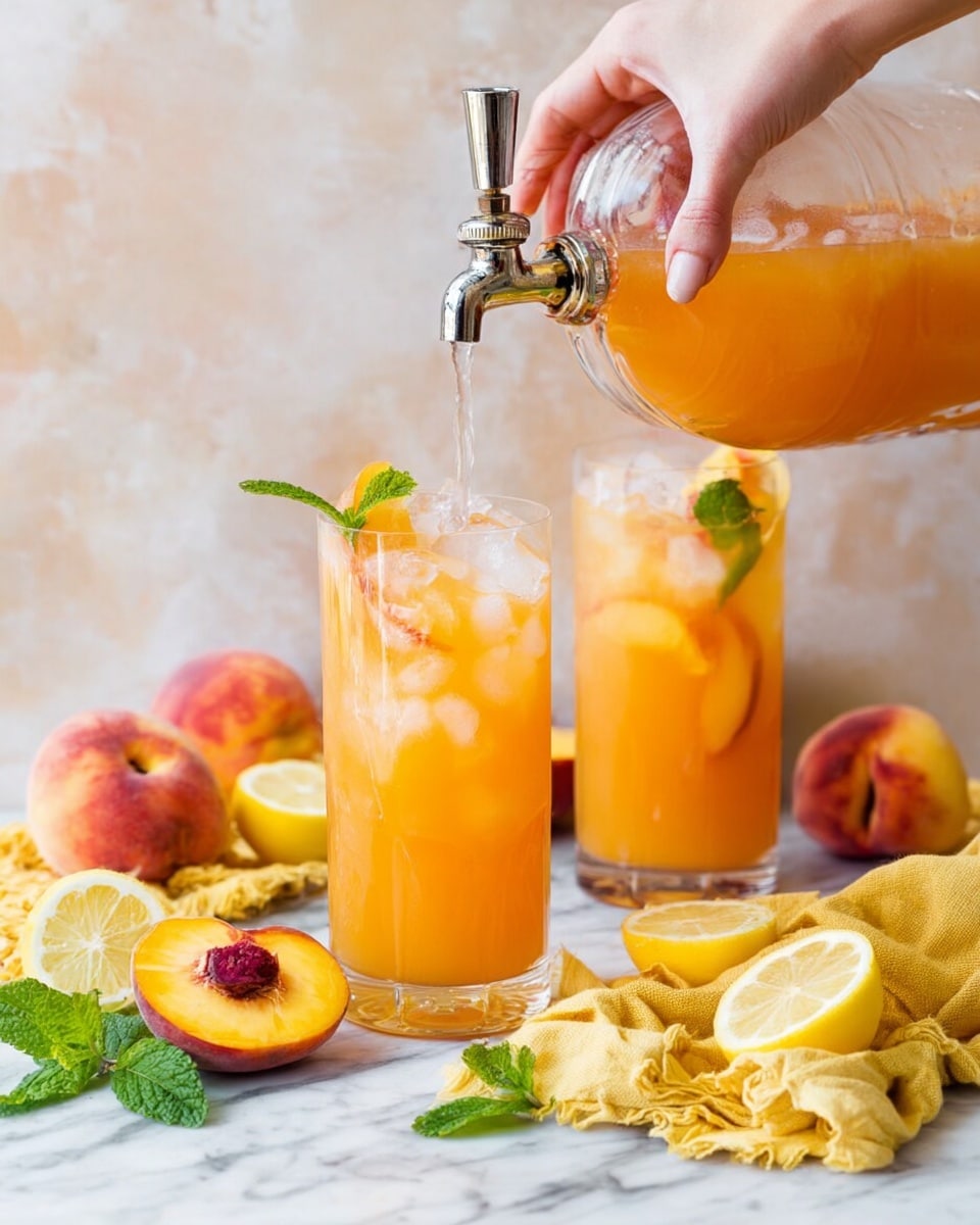 A clear glass container filled with orange peach juice has a silver tap with a woman's hand turning it to pour the juice into a tall, clear glass that is partly filled. Next to it, another tall glass is filled with orange juice and ice, topped with a peach slice, a lemon wedge, and a mint leaf on the rim. Around the glasses are fresh yellow peaches, some cut open showing their orange flesh and dark pits, lemon halves and slices, green mint leaves, and a crumpled yellow cloth on a white marbled surface. Photo taken with an iphone --ar 4:5 --v 7
