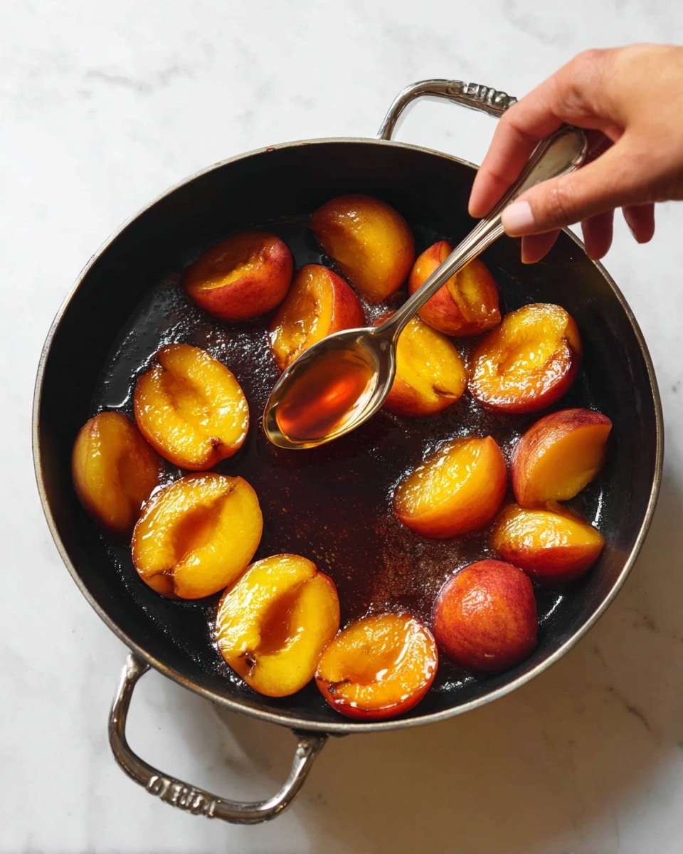 A black cast iron pan is filled with about fifteen glossy peach halves in warm yellow and orange shades, simmering in dark amber syrup. A woman's hand holds a silver spoon scooping up some of the shiny syrup, hovering near the pan's center. The scene is set against a white marbled textured background that brightens the warm colors of the peaches and the rich tone of the syrup. photo taken with an iphone --ar 4:5 --v 7