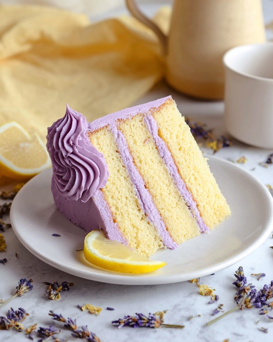A slice of three-layer yellow cake with light purple frosting between each layer and on top, decorated with a swirl of the same purple frosting on the left side. A small thin lemon slice is placed near the frosting swirl on a white plate, set on a white marbled surface with scattered dried lavender flowers around. The background includes a soft yellow cloth and part of a beige jug. photo taken with an iphone --ar 4:5 --v 7