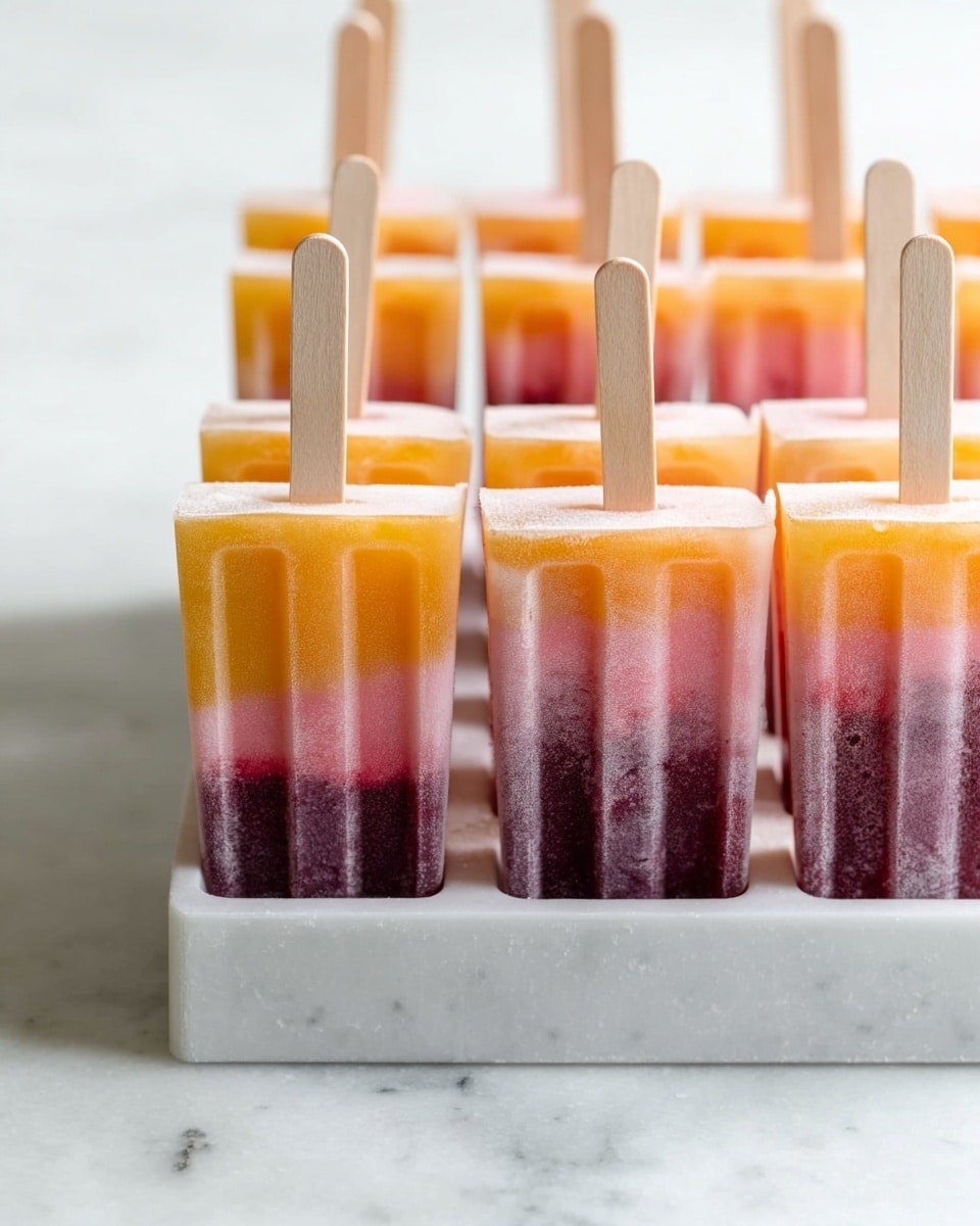 A set of homemade popsicles arranged in a white popsicle mold tray placed on a white marbled surface. Each popsicle has three clear layers: a dark red layer at the bottom, a purple middle layer, and a yellow-orange top layer. Wooden sticks are inserted vertically into each popsicle, evenly spaced in the tray, with part of the sticks extending above the tray. The scene is bright and softly lit, showing the frozen texture of the popsicles with slight frost on the surface, photo taken with an iphone --ar 4:5 --v 7