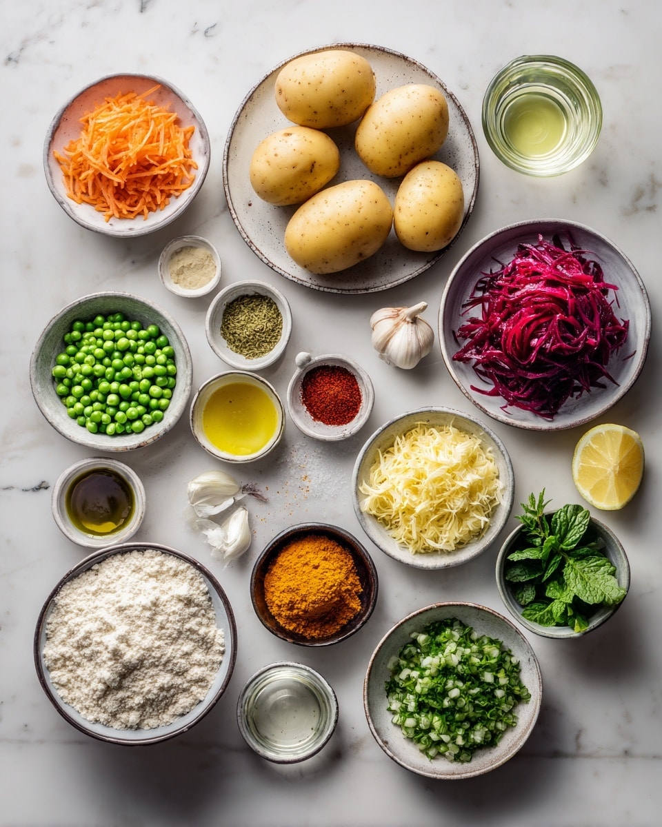 Top-down professional food photography, flat lay style, bright white marble countertop, neatly arranged, evenly spaced, tidy, clean organized layout. Include: three whole potatoes on a small plate, small bowl of grated carrot, small bowl of grated beetroot, small bowl of fresh peas, small bowl with chopped onion, small bowl with chopped green chilli, small bowl with ginger garlic paste, small bowl of red chilli powder, small bowl of coriander seeds powder, small bowl of kitchen king masala, small bowl of turmeric powder, small bowl of chopped coriander leaves, small bowl of mint leaves, small glass cup of lemon juice, bowl of all-purpose flour, bowl of bread crumbs, small glass cup of cooking oil, bowl of salt. Bright soft natural lighting, sharp focus, high detail textures, realistic reflections, professional DSLR look, 4K. No finished dish, no cooked food, no hands, no text, no watermark, no brand logos --ar 4:5 --v 7