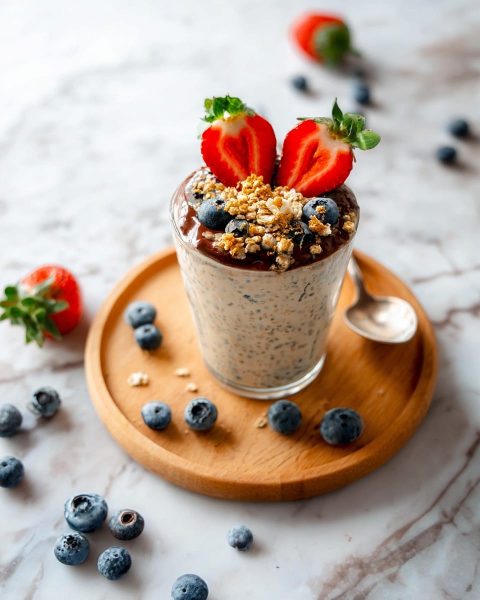 A clear glass is filled with a creamy beige oatmeal mixture that has small seeds and blueberries mixed in. On top, there is a layer of dark brown chocolate, sprinkled with golden granola and fresh blueberries. Two bright red strawberry halves with green leaves stand upright at the edge of the glass. The glass sits on a light wooden round board with scattered fresh blueberries and strawberry halves around it, all set on a white marbled surface. A tarnished silver spoon lies nearby. photo taken with an iphone --ar 4:5 --v 7