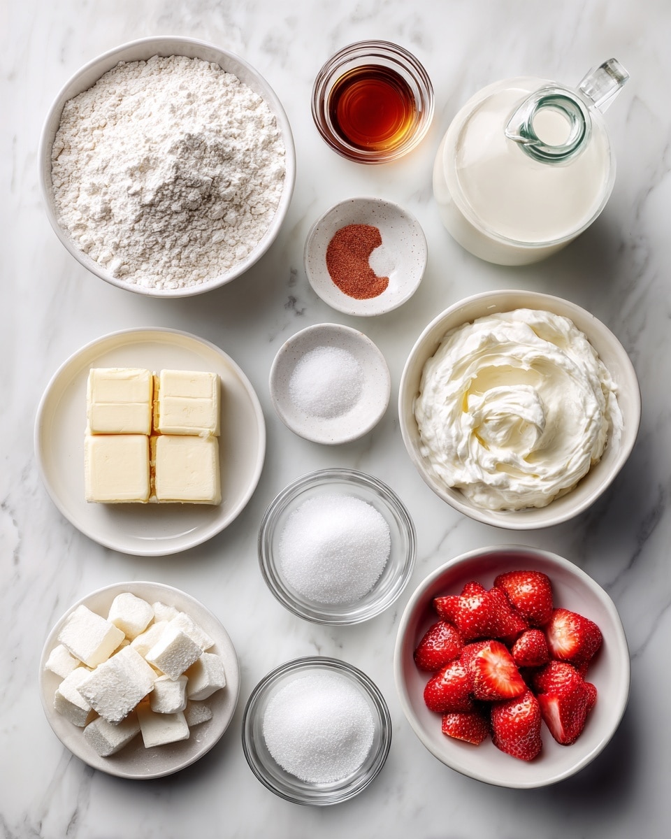Top-down professional food photography, flat lay style, bright white marble countertop, neatly arranged, evenly spaced, tidy, clean organized layout, include: bowl of all-purpose flour, small bowl of baking powder, small bowl of granulated sugar, small bowl of salt, small plate of cold unsalted butter pieces, glass measuring cup of milk, bottle of vanilla essence, small bowl of demerara sugar, bowl of heavy whipping cream, small bowl of sliced fresh strawberries, small bowl of granulated sugar for strawberries, bright soft natural lighting, sharp focus, high detail textures, realistic reflections, professional DSLR look, 4K, no finished dish, no cooked food, no hands, no text, no watermark, no brand logos --ar 4:5 --v 7