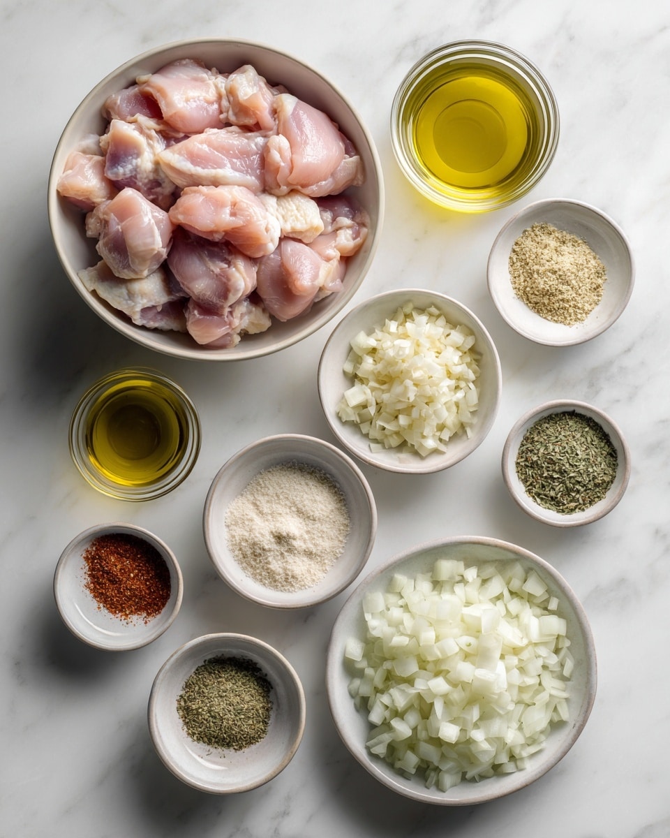 Top-down professional food photography, flat lay style, bright white marble countertop, neatly arranged, evenly spaced, tidy, clean organized layout, include: bowl of prepared chicken pieces, small glass cup of olive oil, small bowl of minced garlic, small bowl of fresh diced onion, small bowl of dehydrated onion, small bowl of onion powder, small bowl of garlic powder, small bowl of seasoning salt, small bowl of black pepper, small bowl of smoked paprika, small bowl of parsley flakes, bright soft natural lighting, sharp focus, high detail textures, realistic reflections, professional DSLR look, 4K, no finished dish, no cooked food, no hands, no text, no watermark, no brand logos --ar 4:5 --v 7