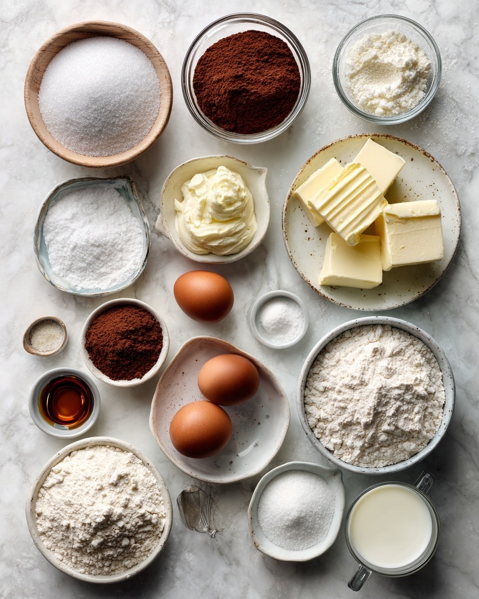 Top-down professional food photography, flat lay style, bright white marble countertop, neatly arranged, evenly spaced, tidy, clean organized layout, include: bowl of granulated sugar, small bowl of Dutch-processed cocoa powder, bowl of all-purpose flour, small bowl of baking powder, small bowl of baking soda, small bowl of salt, glass measuring cup of vegetable oil, small bottle of vanilla essence, small plate with two large eggs, glass measuring cup of buttermilk, glass measuring cup of strongly brewed coffee, small plate of unsalted butter, bowl of powdered sugar, glass measuring cup of slightly warmed milk, small glass cup of slightly warmed heavy cream, small glass cup of corn syrup, small bottle of vanilla essence, small bowl of salt, bright soft natural lighting, sharp focus, high detail textures, realistic reflections, professional DSLR look, 4K, no finished dish, no cooked food, no hands, no text, no watermark, no brand logos --ar 4:5 --v 7