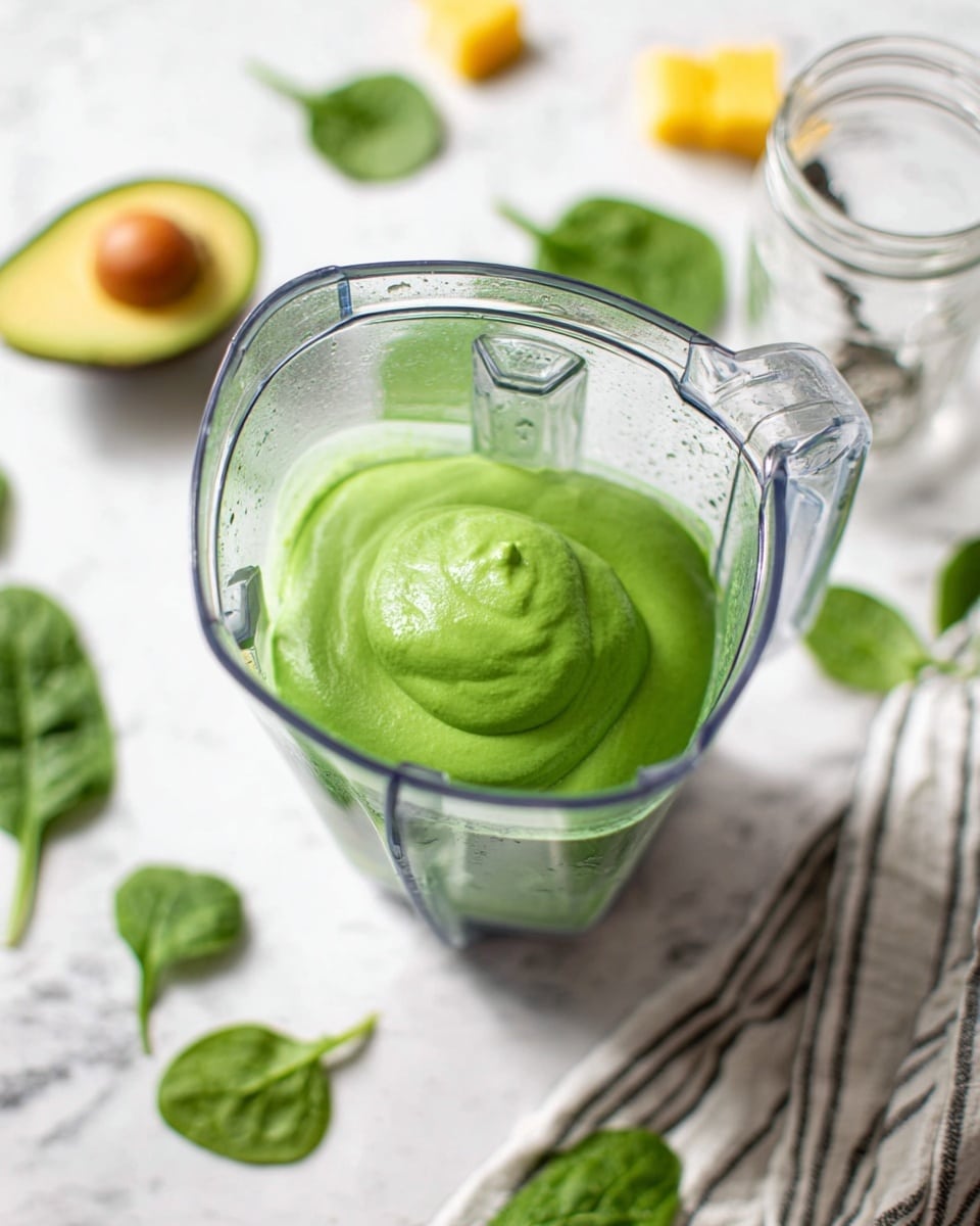 A clear blender is filled with one thick, smooth layer of bright green sauce or smoothie, showing a swirl on top that highlights its creamy texture. Around the blender on a white marbled surface, there are fresh spinach leaves, small yellow pieces of fruit, an avocado half with its brown seed still inside, and two small clear glass jars. A spoon rests near one jar, and a white and black striped cloth is partly visible under these items. The scene is lit with soft, natural light, emphasizing the fresh ingredients and creamy green mixture inside the blender. photo taken with an iphone --ar 4:5 --v 7
