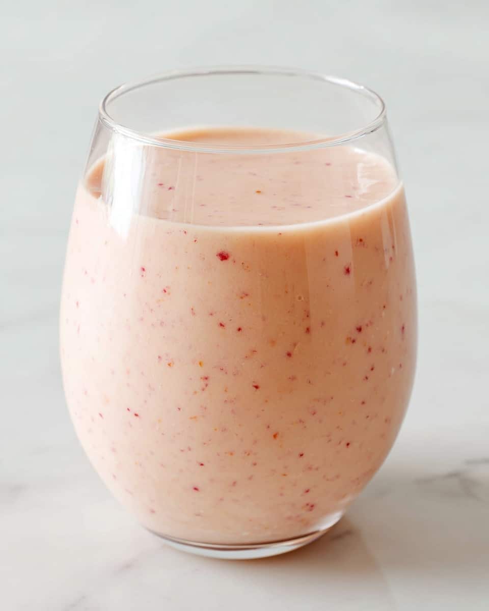 A close-up of a single glass filled with a smooth, light pink smoothie that has tiny red and orange specks evenly spread throughout. The glass is clear and round, showing off the creamy texture of the smoothie inside. The glass sits on a white marbled surface with a clean, soft background that keeps the focus on the drink itself. photo taken with an iphone --ar 4:5 --v 7