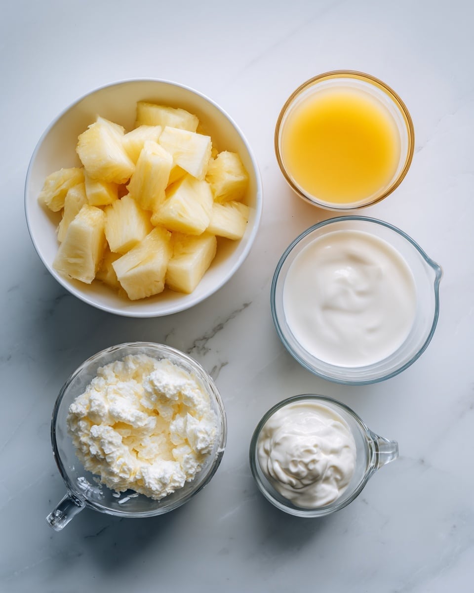 Top-down professional food photography, flat lay style, bright white marble countertop, neatly arranged, evenly spaced, tidy, clean organized layout, include: bowl of frozen pineapple chunks, small glass cup of orange juice, glass measuring cup of almond milk, small bowl of pineapple flavored Greek yogurt, bright soft natural lighting, sharp focus, high detail textures, realistic reflections, professional DSLR look, 4K, no finished dish, no cooked food, no hands, no text, no watermark, no brand logos --ar 4:5 --v 7