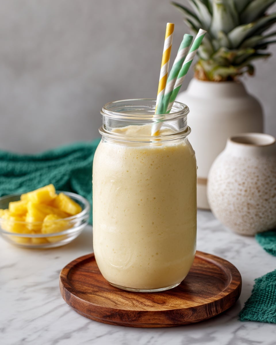 A tall clear glass jar filled with a creamy pale yellow smoothie, smooth in texture and slightly rounded at the top, with two paper straws inside—one striped green and white, the other yellow and white. The jar sits on a round wooden coaster with natural wood grain, placed on a white marbled surface. In the background, there is a green textured cloth and two white vases, one smooth and one with a rough, speckled texture. A small glass bowl with bright yellow pineapple chunks is also visible near the jar photo taken with an iphone --ar 4:5 --v 7