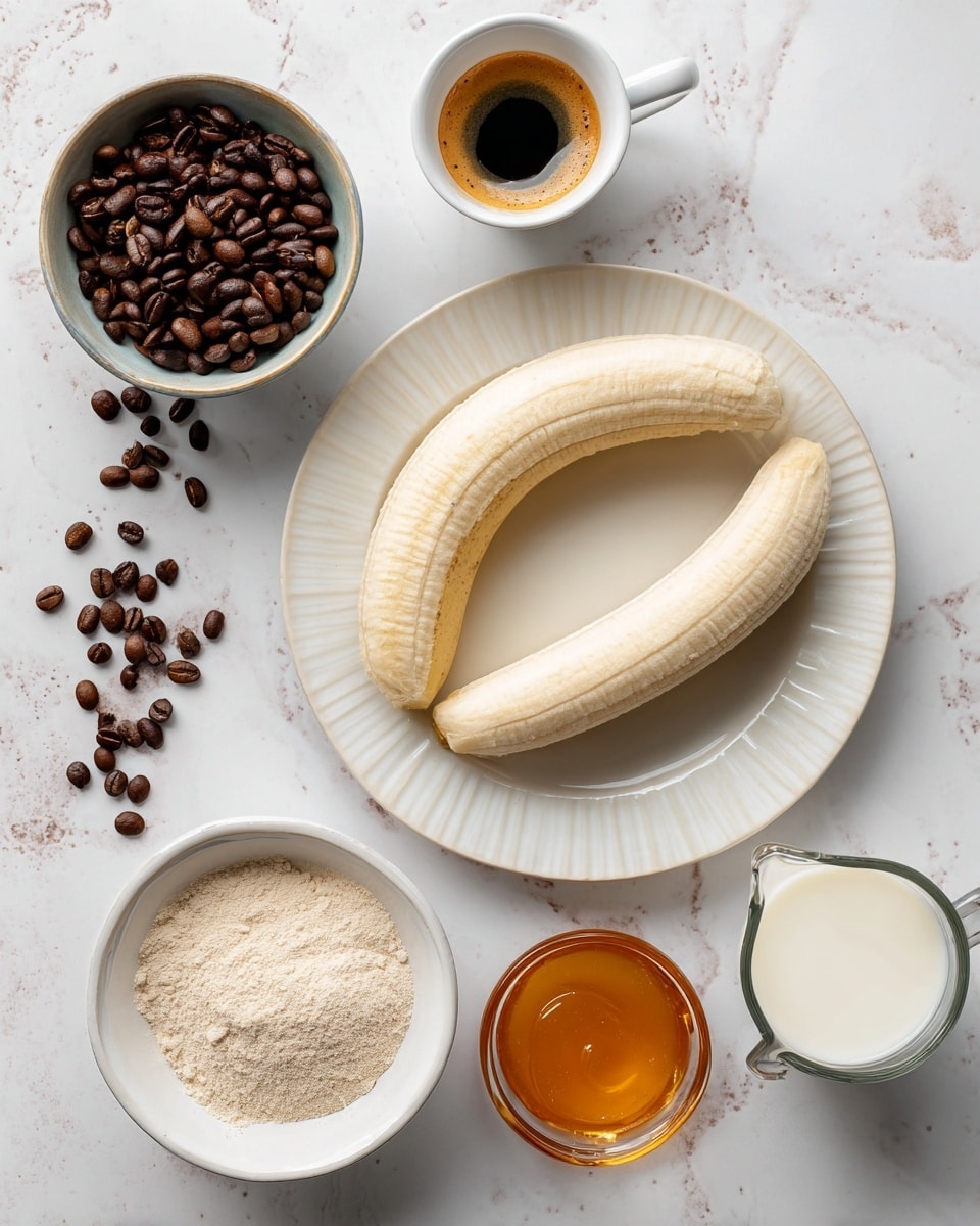 Two peeled bananas lay side by side in the center of a white plate with a slightly ridged texture. Above and to the right of the plate, a small white cup holds a dark espresso with a light brown foam top. To the left, another small white bowl is filled with shiny dark brown coffee beans, with some beans scattered on the white marbled surface around it. Below the plate to the left is a white bowl filled with beige flour. Next to it, a small cup contains thick golden honey. To the right of these, there is a small glass measuring cup filled with white milk. All items are placed neatly on a white marbled surface. photo taken with an iphone --ar 4:5 --v 7