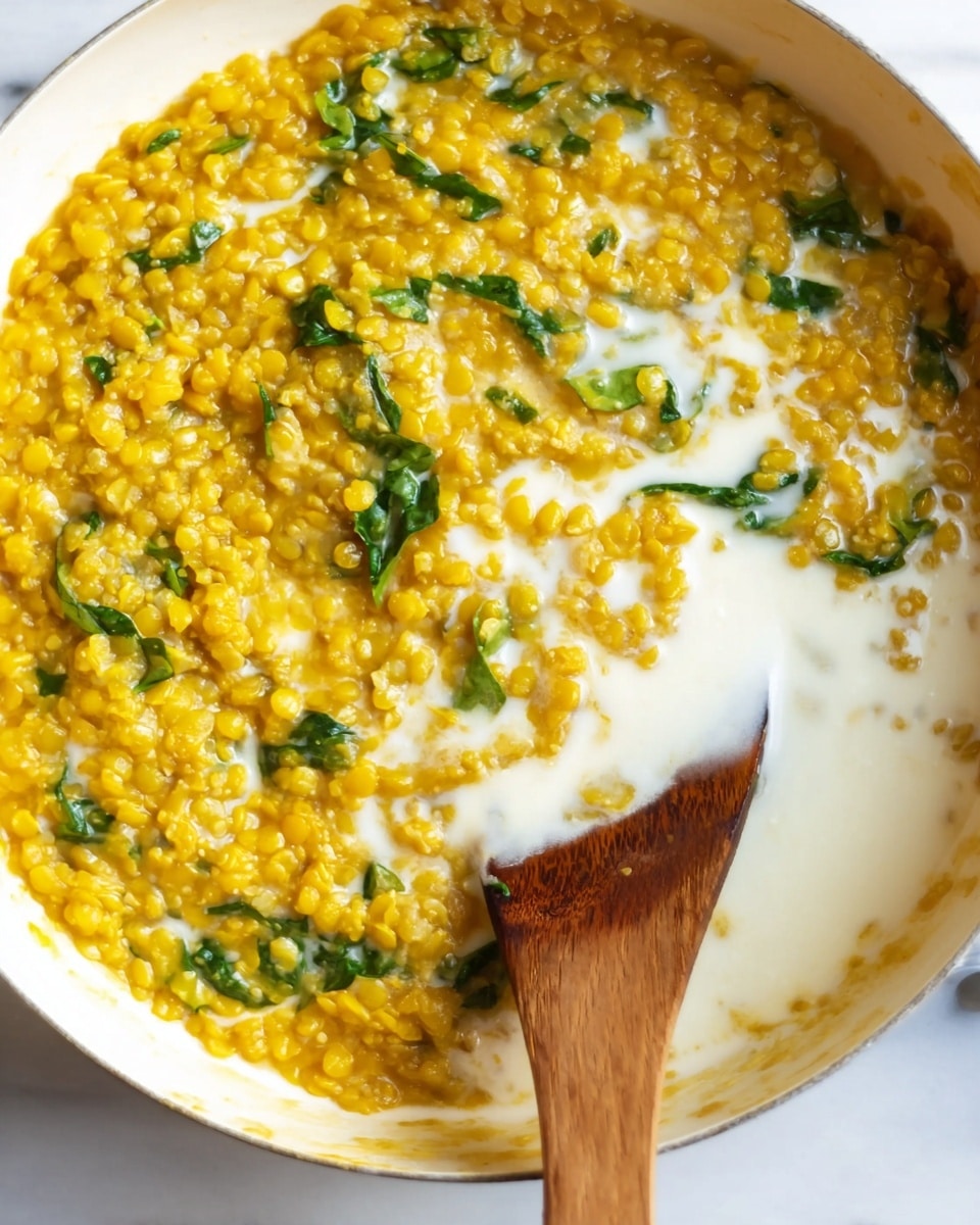 A close-up view of a white dish filled with a yellow lentil mixture that looks thick and textured, mixed with green leaves scattered throughout. A wooden spatula is partially submerged in the lentil mixture, showing some of the food on its surface near the bottom of the frame. The lentils blend with a creamy white liquid that covers the right side of the dish, creating a smooth contrast with the yellow and green colors. The dish is placed on a white marbled surface. photo taken with an iphone --ar 4:5 --v 7