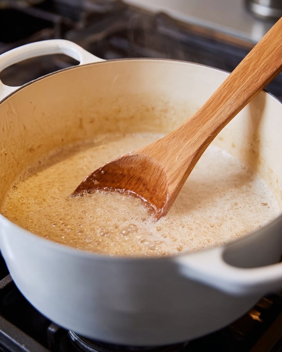 A white pot filled with a light beige, bubbling thick liquid that has a slightly grainy texture, being stirred by a wooden spoon with a smooth finish inside the pot. The pot is placed on a stove burner, and the background shows a blurred glimpse of kitchen elements in soft dark colors. The pot’s inner surface has some residue marks where the liquid has boiled, enhancing the cooked feel of the scene. photo taken with an iphone --ar 4:5 --v 7