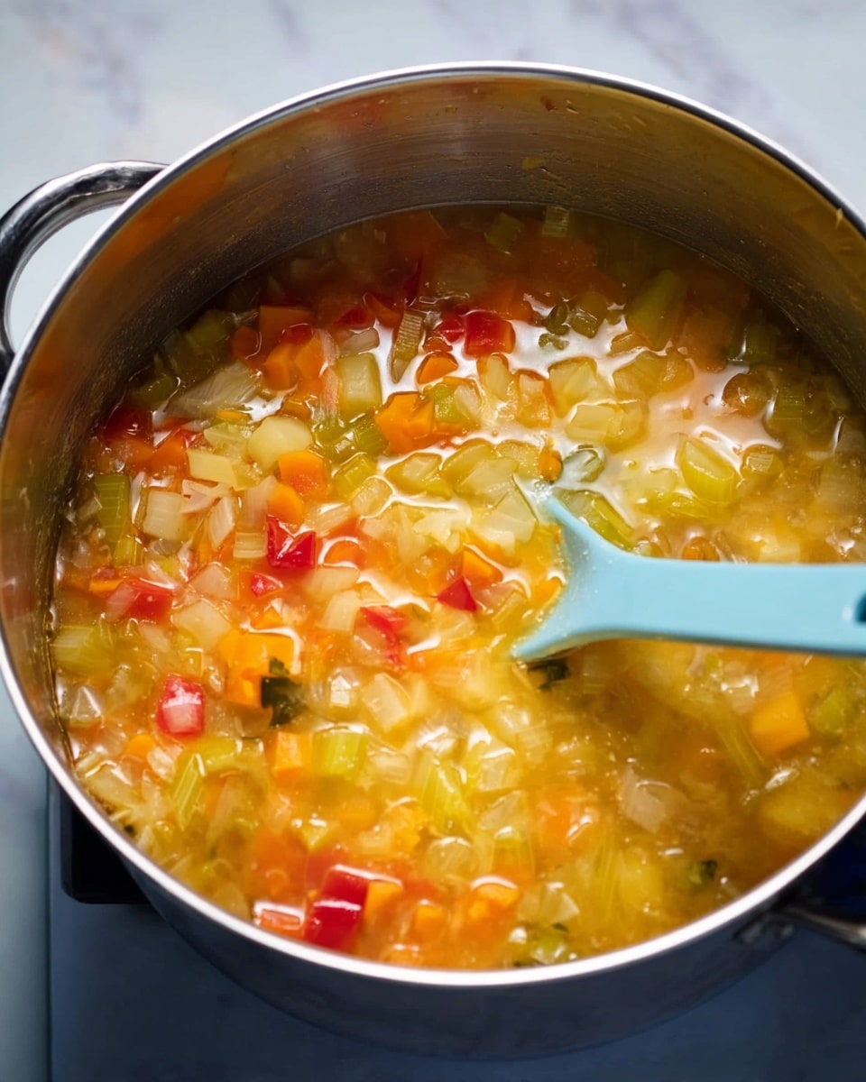 A pot filled with a chunky vegetable soup with several layers of small diced vegetables including light yellow celery, orange carrots, and red bell peppers, all mixed in a clear golden broth with a slightly shiny surface. A light blue silicone spoon is stirring the soup inside the shiny silver metal pot. The background has a white marbled texture, and soft light reflects off the vegetables and the pot's surface. Photo taken with an iphone --ar 4:5 --v 7