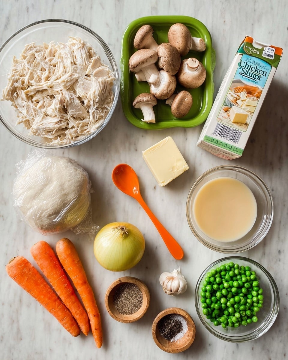 The image shows several cooking ingredients arranged neatly on a white marbled surface. There is shredded cooked chicken in a clear glass bowl on the left side. Above it, a ball of dough wrapped in plastic wrap sits. Next to the dough is a green tray with whole brown mushrooms. Toward the top right, there is a carton of chicken stock placed beside a glass container with a creamy liquid inside. In the middle, below the mushrooms and stock, there is a whole yellow onion. Below it are two whole orange carrots, two garlic cloves, and a small stick of butter resting next to a small orange spoon. Near the bottom right, there is a small green bowl with black pepper and a tiny wooden bowl with salt. Finally, a clear glass bowl with green peas is on the far right. photo taken with an iphone --ar 4:5 --v 7