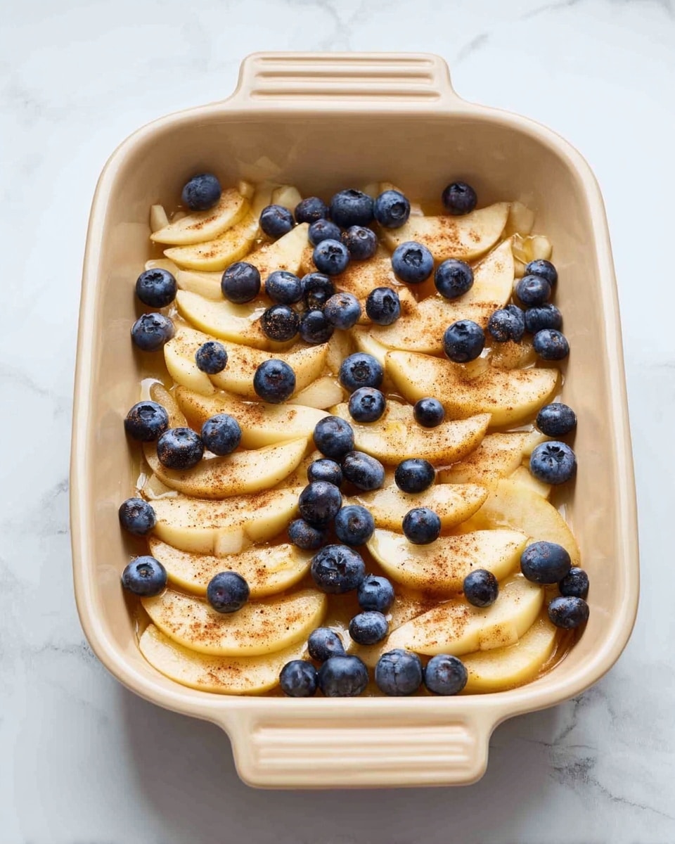 The image shows a beige baking dish filled with sliced apples arranged in several layers, with a light drizzle of golden honey on top. Scattered evenly across the apples are fresh whole blueberries, adding dark blue spots over the pale yellow fruit. The surface of the apples has a light dusting of cinnamon, giving a warm brown color contrast. The baking dish is placed on a white marbled surface, giving a clean and bright background. Photo taken with an iphone --ar 4:5 --v 7