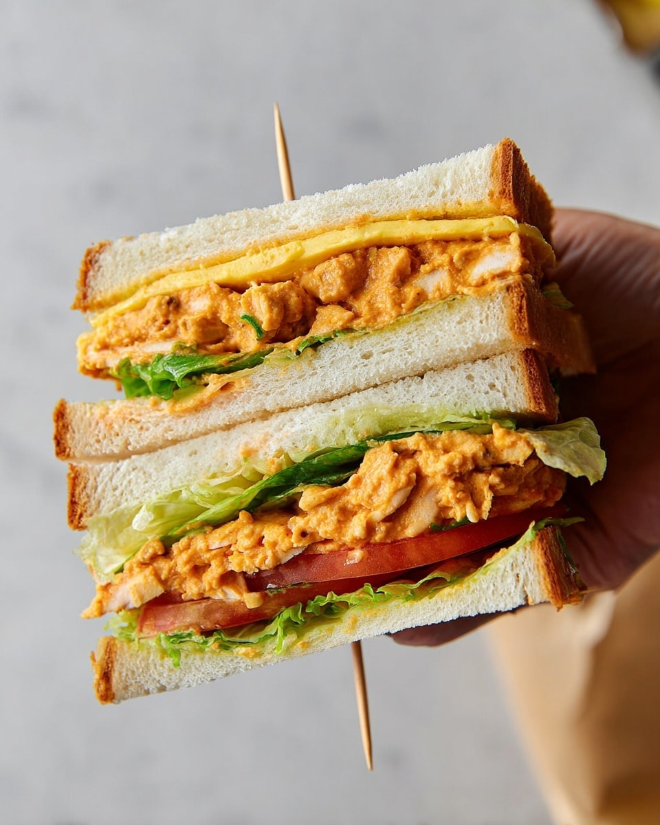 The image shows a close-up of a sandwich held by a woman's hand above a white marbled surface. The sandwich has three layers of white bread, toasted light brown on the edges. The first layer contains green lettuce and a light yellow sauce or spread. The second layer has a thick, rich orange spread mixed with small chunks of what looks like cooked chicken. The third layer contains fresh green lettuce, a bright red tomato slice, and a yellow layer that appears to be an egg or cheese. The sandwich is held together by small wooden toothpicks. Photo taken with an iphone --ar 4:5 --v 7