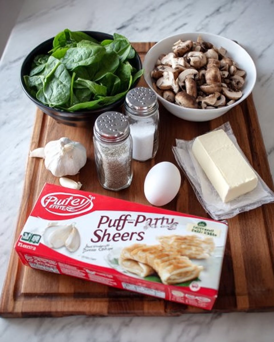 The image shows a wooden board with several cooking ingredients arranged neatly on it. From left to right, there is a black bowl filled with fresh green spinach leaves, two small glass jars with white lids containing salt and black pepper, a white stick of butter with two garlic cloves next to it, a single white egg, and a white rectangular block of cream cheese with its wrapper open on one side. Behind these ingredients, there is a white bowl filled with sliced brown mushrooms. In front of the board, a red and white box labeled “Puff Pastry Sheets” is placed horizontally. The whole setup is resting on a white marbled surface. photo taken with an iphone --ar 4:5 --v 7