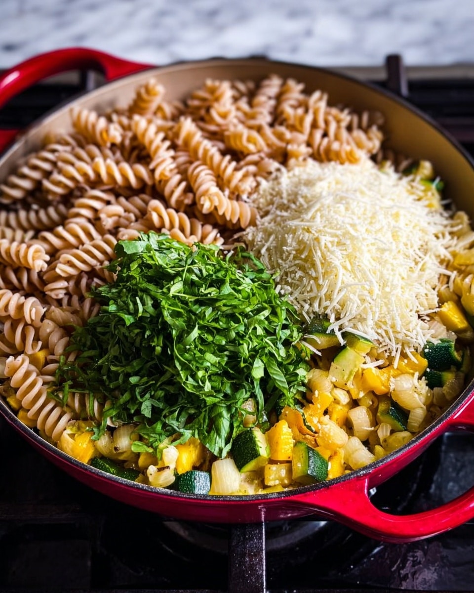 A red pan is shown on a stove with four main layers of food inside. The bottom layer is a mix of yellow and green cooked vegetables, looking soft and slightly shiny. On top of that, there is a pile of light brown spiral pasta placed toward the upper left. To the upper right, there is a heap of white grated cheese with a fluffy texture. In the center, there is a bunch of fresh green shredded herbs that look moist and vibrant. The background is a white marbled texture. Photo taken with an iphone --ar 4:5 --v 7