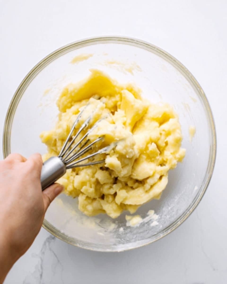 A clear glass bowl with mashed yellow bananas inside is shown. A woman's hand holds a metal potato masher pressing down on the bananas, which are soft and slightly chunky. The bowl is placed on a smooth white marbled surface. The lighting is bright and natural, highlighting the texture of the mashed fruit. photo taken with an iphone --ar 4:5 --v 7
