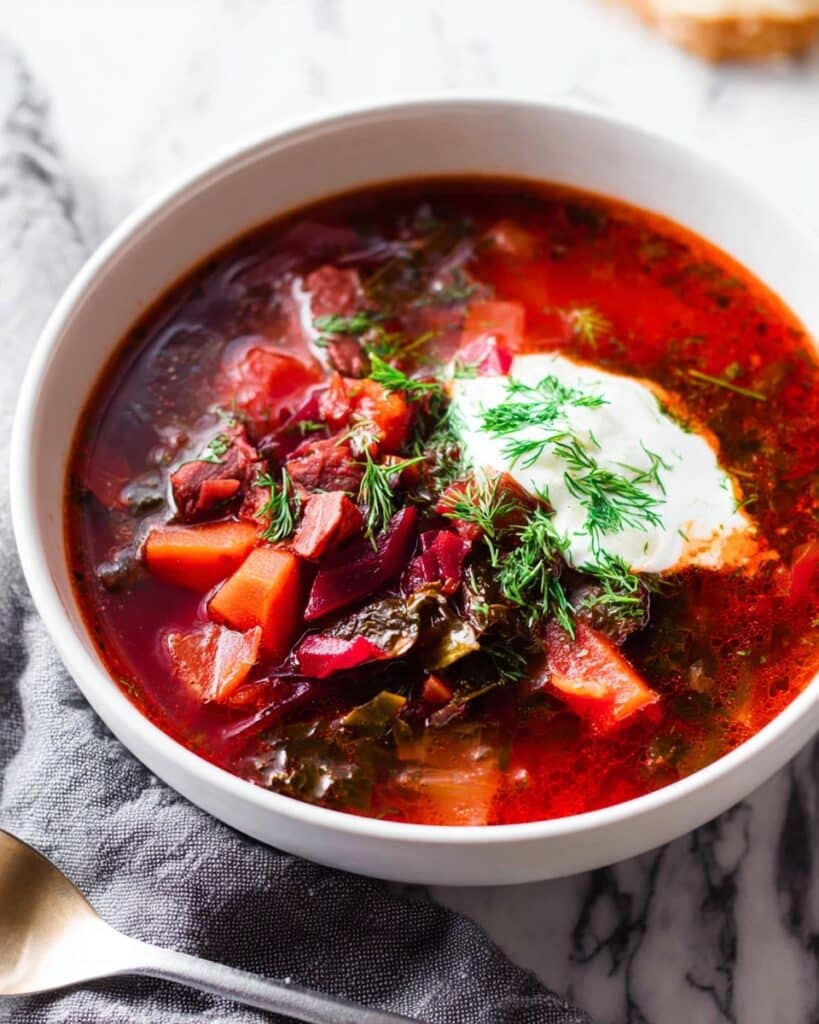 Authentic Ukrainian Borscht with Beets, Cabbage, and Sour Cream Recipe