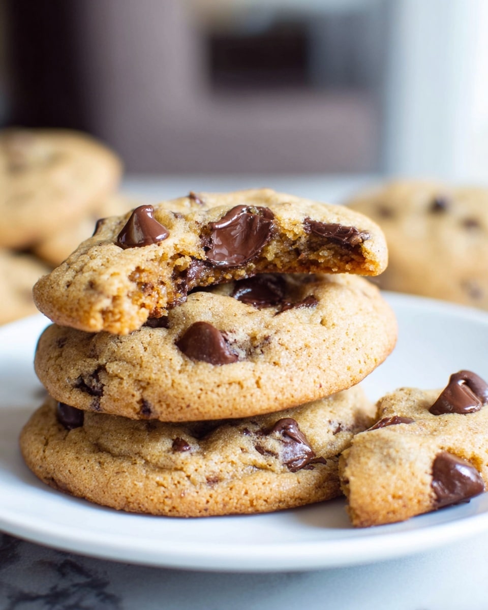 The image shows a white plate with a stack of three chocolate chip cookies on it. The top cookie is broken, showing a soft light brown inside with several melted, shiny dark brown chocolate chips visible. The cookies are golden brown with a slightly rough texture and scattered dark chocolate chips baked into their surface. A small cookie piece is placed on the plate near the main stack. The plate is placed on a white marbled surface, with a blurred room background. photo taken with an iphone --ar 4:5 --v 7
