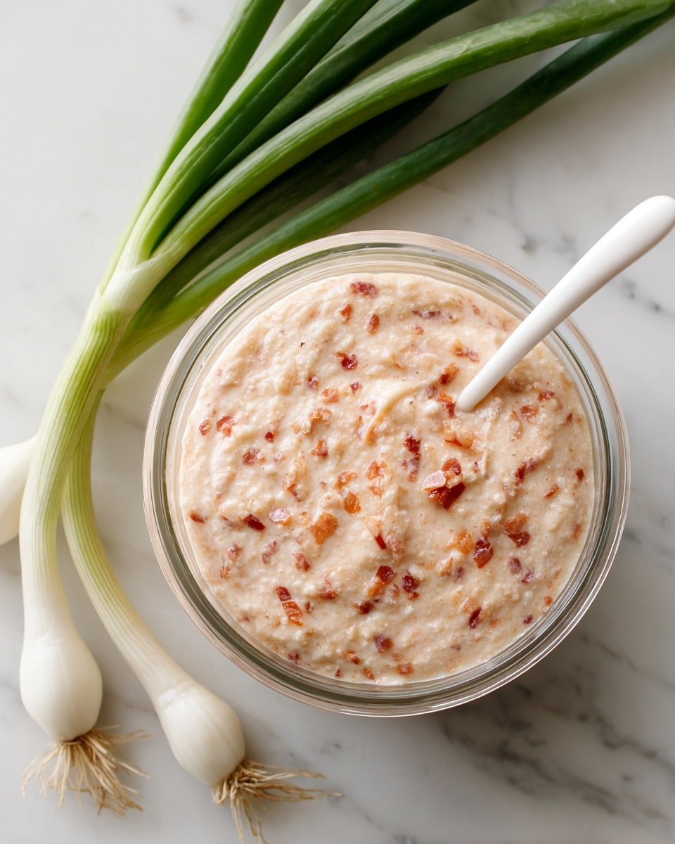 A clear glass bowl filled with a thick, creamy mixture that is light pinkish-beige with small red and darker brown bits spread evenly throughout, showing a textured, chunky consistency. A white spoon is placed inside the bowl, partially covered with the mixture. Two green onions with long stems and white roots are placed next to the bowl on a white marbled surface. photo taken with an iphone --ar 4:5 --v 7