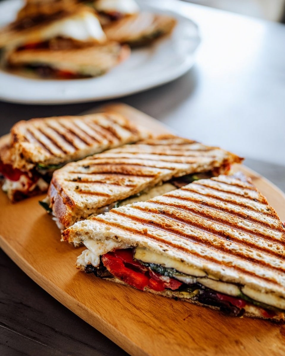 The image shows a toasted sandwich cut into four triangular pieces, placed on a light brown wooden board. The sandwich has a golden-brown grilled top with clear, darker grill marks running diagonally. Inside the sandwich, there are visible layers of melted white cheese, slices of red tomatoes, and pieces of green and dark veggies, possibly zucchini or eggplant. The bread is thin and slightly crisp on the outside. In the background, there is a blurry white plate with more sandwich pieces on a white marbled table surface. Photo taken with an iphone --ar 4:5 --v 7