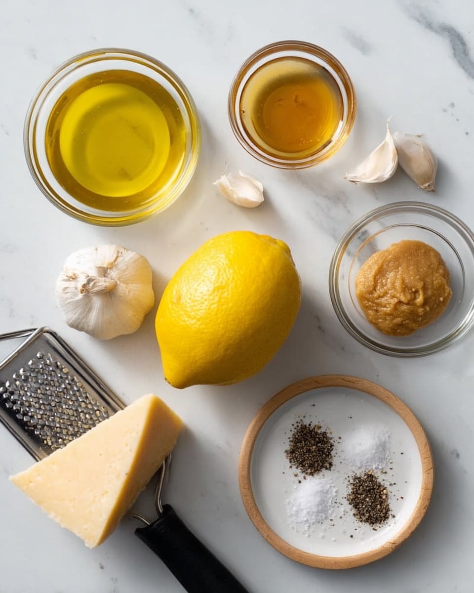 This image shows several ingredients arranged on a white marbled surface. In the center, there is a bright yellow lemon. Surrounding the lemon are four garlic cloves placed in a small cluster. To the left, there is a small clear glass bowl filled with golden yellow olive oil. Above the lemon, there is a small clear glass bowl filled with light brown liquid, and next to it, a small clear glass bowl contains a tan-colored mustard-like paste. On the bottom left, a metallic grater with a black handle holds a large triangular piece of pale yellow cheese. Finally, on the right side, a small white plate with a light wooden rim holds evenly divided piles of coarse white salt and ground black pepper. Photo taken with an iphone --ar 4:5 --v 7