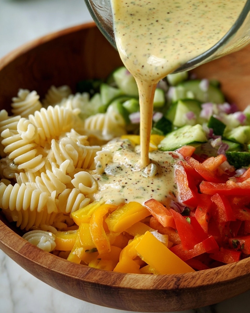 A close-up image shows a wooden bowl filled with colorful ingredients: three white ridged pasta pieces in the center left, chopped green cucumbers scattered around, bright yellow and red bell pepper pieces on the bottom right, and some visible bits of herbs and small red onion pieces in the top right. A light yellow creamy dressing with black specks is being poured from a glass container over the salad, creating a smooth flowing stream. The scene is set on a white marbled surface. Photo taken with an iphone --ar 4:5 --v 7