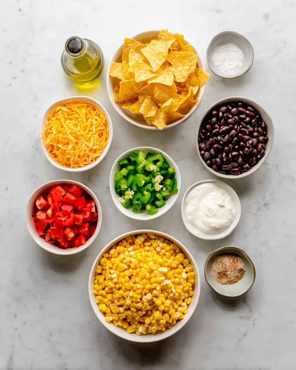 The image shows nine small white bowls arranged on a white marbled surface. The largest bowl at the bottom right is filled with bright yellow corn kernels. To its left is a smaller bowl filled with shredded light orange cheese. Above the cheese is a small bottle of green olive oil. In the center left is a bowl filled with golden-yellow corn chip pieces. Just above this bowl is a bowl filled with dark brown beans. To the right of the beans is a bowl with chopped green bell peppers. In the center right is a bowl filled with smooth white sour cream. Between the peppers and sour cream bowls is a very small bowl of mixed white salt and light brown seasoning powder. Below the corn bowl is a tiny bowl with green chopped jalapenos. Centered between all the bowls is a small bowl filled with red diced tomatoes and green pepper pieces. photo taken with an iphone --ar 4:5 --v 7