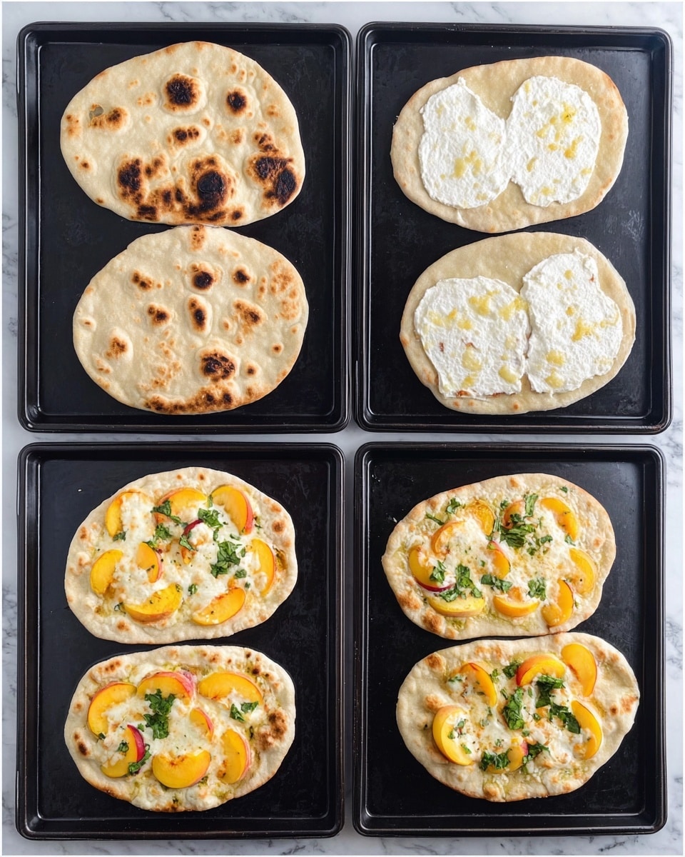 The image shows four steps of making flatbread pizzas on black baking trays. In the first step, there are two flatbreads with light brown spots on top, placed side by side on the tray. The second step shows the same flatbreads with dollops of white creamy cheese spread unevenly across the surface. In the third step, peach slices with yellow and orange colors are added evenly on top of the cheese on both flatbreads. The final step reveals the cooked flatbreads with melted cheese that looks creamy white with slight browning, peach slices that are soft and golden, and scattered green fresh herbs on top, giving a colorful and tasty look. The background is a white marbled surface. Photo taken with an iphone --ar 4:5 --v 7