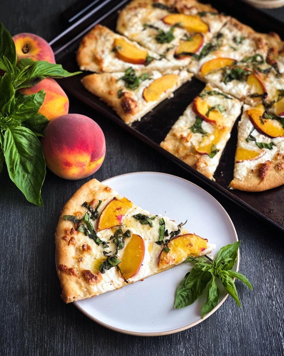 A white plate holds one slice of flatbread pizza with a golden-brown crust, topped with creamy white cheese spread unevenly, golden peach slices, and scattered dark green fresh basil leaves. Nearby, a black baking tray contains the remaining flatbread pizza, cut into several slices, showing the same creamy cheese and peach toppings, with browned edges. Two whole ripe peaches with orange and red shades rest beside the tray along with fresh bright green basil leaves. The background is a dark textured surface. photo taken with an iphone --ar 4:5 --v 7
